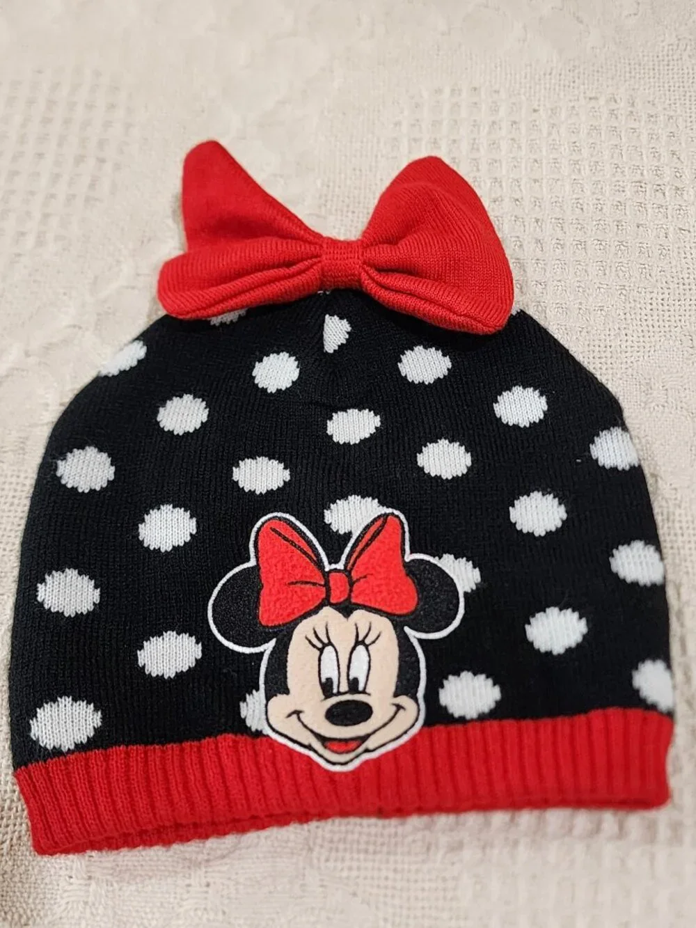 Girls Minnie Mouse Beanie Hat Embroidered Polka Dots Red Black White Bow Disney